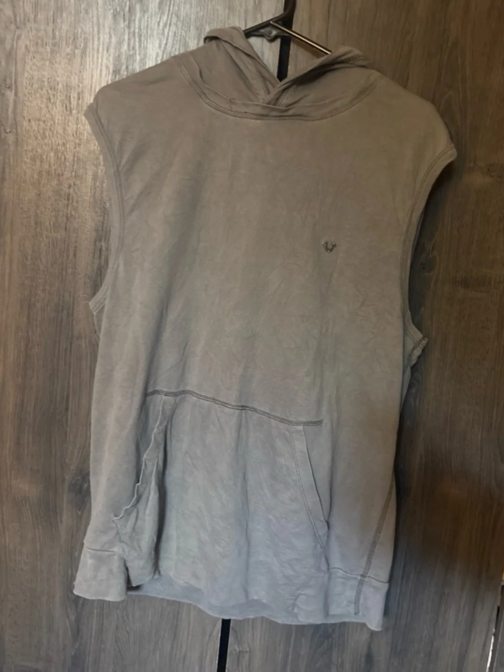 True Religion Grey Sleeveless Hoodie Tank Top with Black Logo
